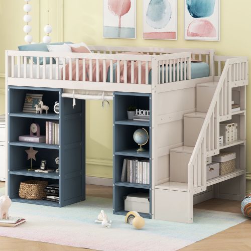 Full Size Loft Bed with 2 Four-layer Storage Cabinets and Curtain,White+Blue Full Size Loft Bed with 2 Four-layer Storage Cabinets and Curtain,White+Blue