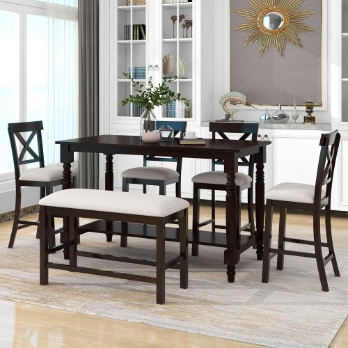 6-Piece Counter Height Dining Table Set Table with Shelf 4 Chairs and Bench for Dining Room 6-Piece Counter Height Dining Table Set Table with Shelf 4 Chairs and Bench for Dining Room